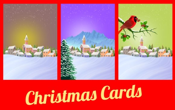 3 Christmas Cards Illustrations: Festive Village & Cardinal Art